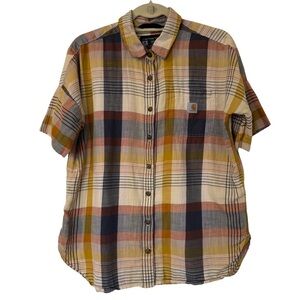 Carhartt Womens Loose Fit Plaid Twill Short Sleeve Button Down Work Shirt Medium